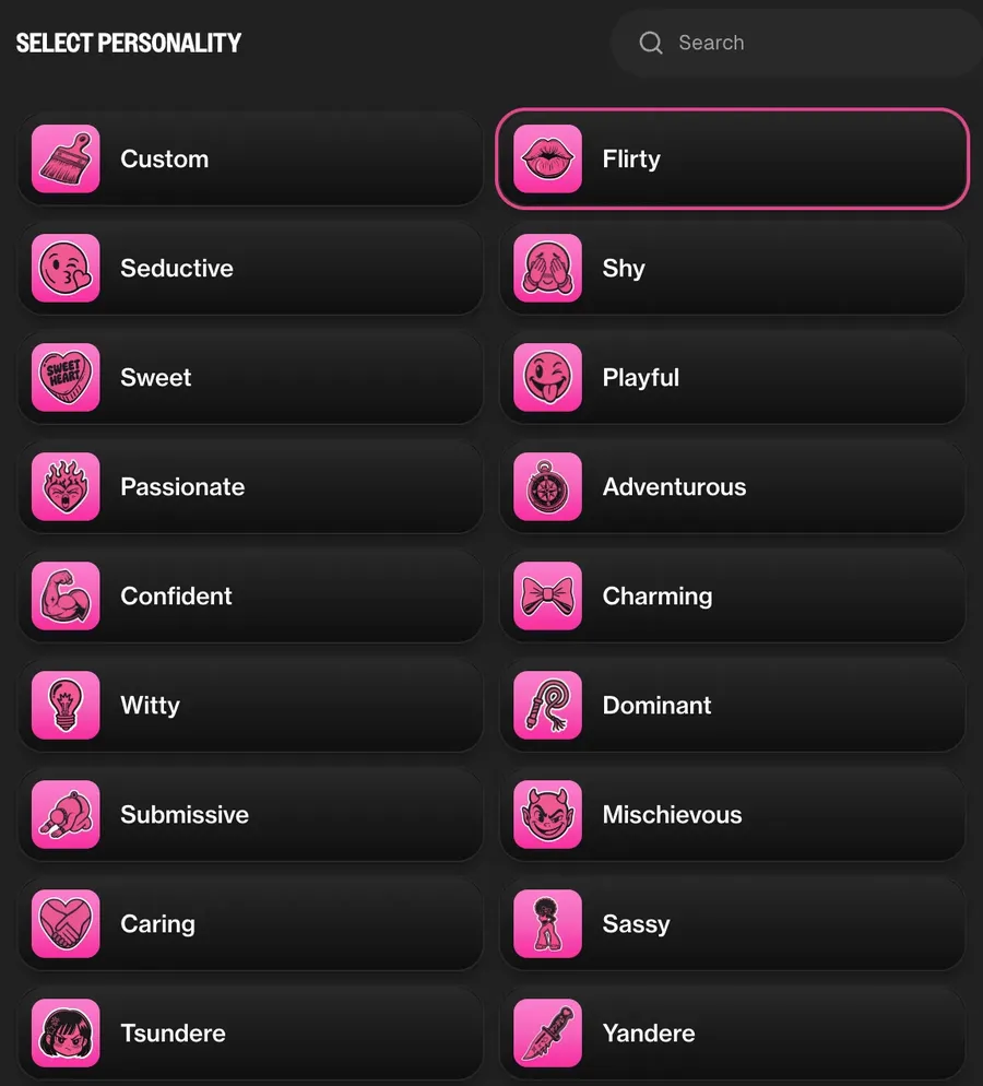 Personality picker with traits like flirty, shy and dominant