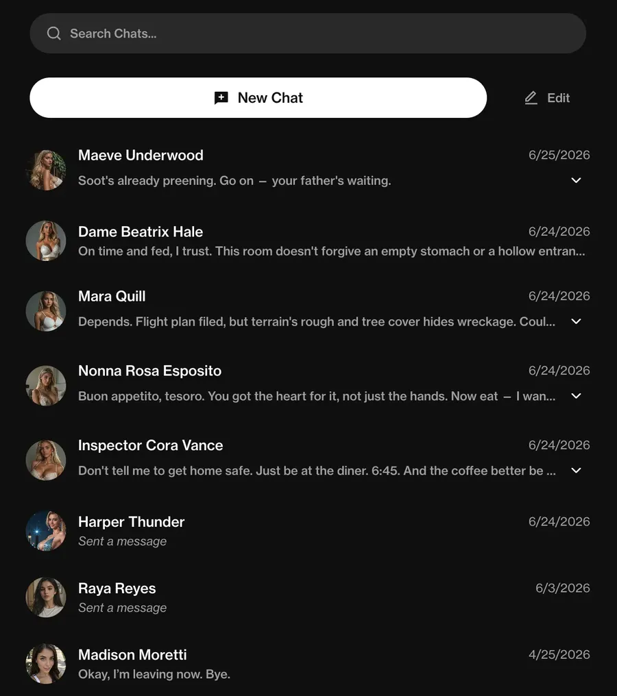 Chat list with several AI companion conversations